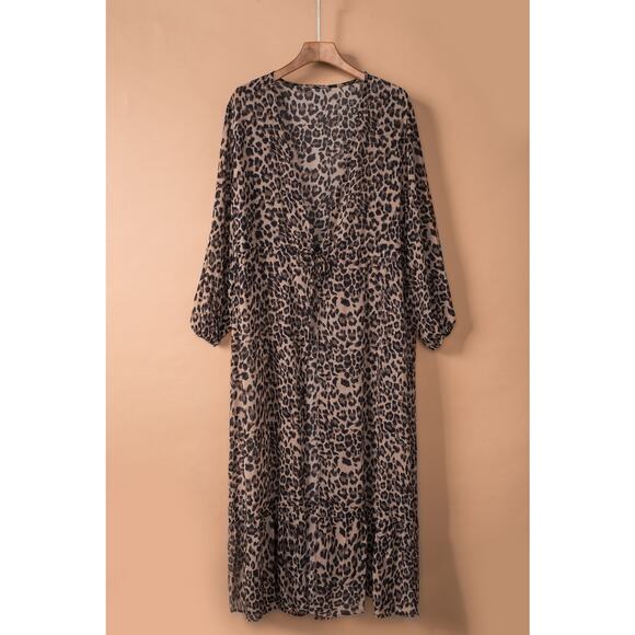 Cassia Leopard Kimono Beach Cover Up Sheer White Tie Waist Open Front Large - Picture 6 of 13